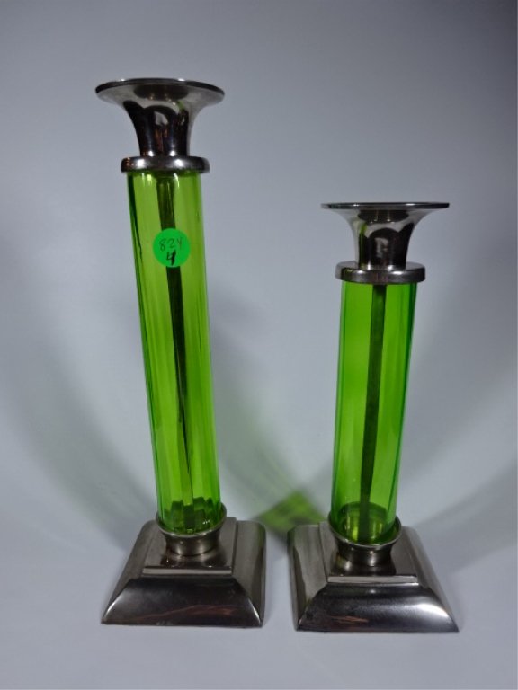 2 GREEN GLASS AND CHROME CANDLE HOLDERS, VERY GOOD (1 of 3)