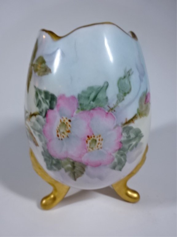 EUROPEAN PORCELAIN EGG FORM FOOTED VASE, GOLD ACCENTS (1 of 5)