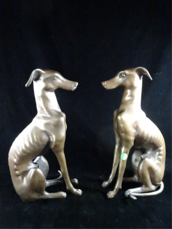 PAIR BRONZE WHIPPET SCULPTURES, APPROX 15"H (1 of 3)