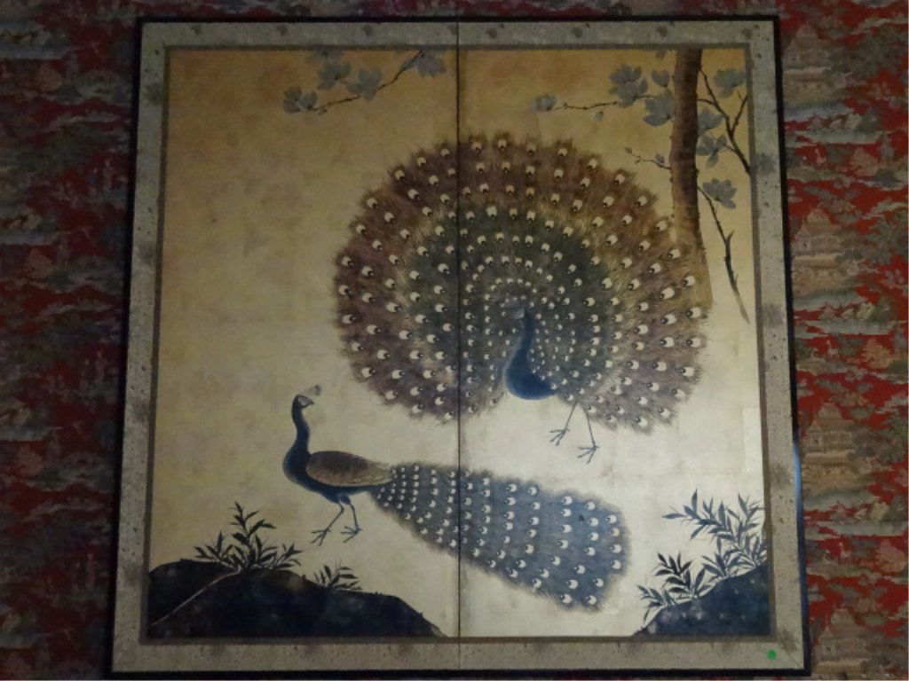 LARGE 2 PANEL CHINESE SCREEN, 2 PEACOCKS ON GOLD FIELD, (1 of 7)