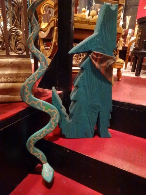 2 CARVED WOOD SCULPTURES, COYOTE AND SNAKE, PAINTED: 2 CARVED WOOD SCULPTURES, COYOTE AND SNAKE, PAINTED FINISH , APPROX 22" AND 24", SKU829.03