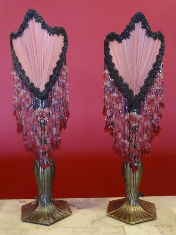 PAIR BOUDOIR LAMPS, DONNA LADLEY SHADES WITH BEADED (1 of 5)