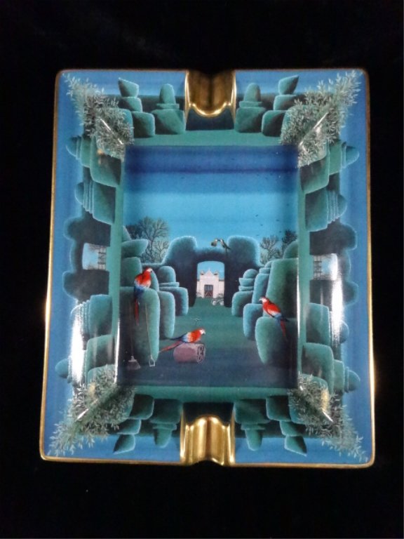 HERMES CIGAR ASHTRAY, BLUE GARDEN WITH PARROTS SCENE, (1 of 6)
