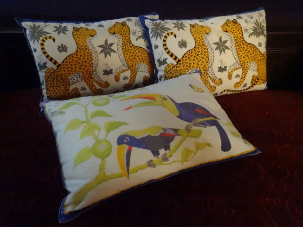 3 HERMES PARIS PILLOWS, 2 WITH GOLD PANTHERS, ONE WITH (1 of 6)