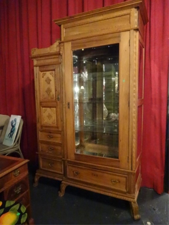 19tH CENTURY WOOD CABINET, RIGHT HAND SIDE HAS SINGLE: 19tH CENTURY WOOD CABINET, RIGHT HAND SIDE HAS SINGLE GLAZED DOOR CABINET WITH NEW GLASS SHELVES AND MIRRORED INTERIOR OVER SINGLE DRAWER, LEFT SIDE HAS CABINET OVER 3 DRAWERS WITH CUSTOM PAINTING, DI