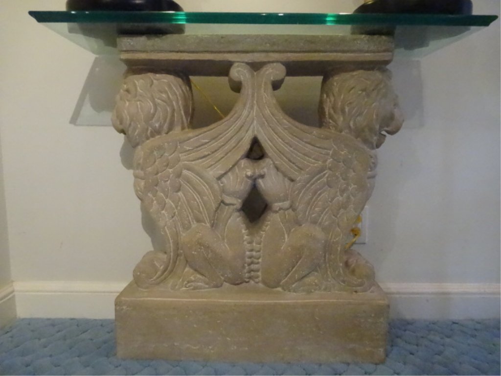 CERAMIC GRIFFIN BASE CONSOLE TABLE, GLASS TOP, EXCELLEN (1 of 4)