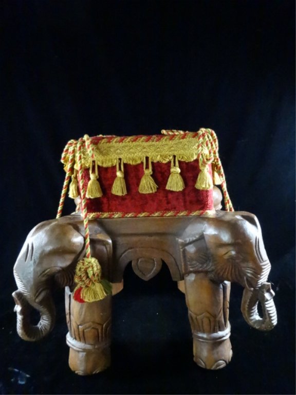 CARVED WOOD STOOL, ELEPHANTS ON CORNERS, WITH: CARVED WOOD STOOL, ELEPHANTS ON CORNERS, WITH UPHOLSTERED SEAT
