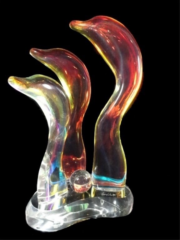 LUCY PHELPS DICHROIC ACRYLIC SCULPTURE, "DOLPHINS",: LUCY PHELPS DICHROIC ACRYLIC SCULPTURE, "DOLPHINS", INCLUDES A SEPARATE, CLEAR ACRYLIC BALL, SIGNED & DATED '03, APPROX 14.5"H