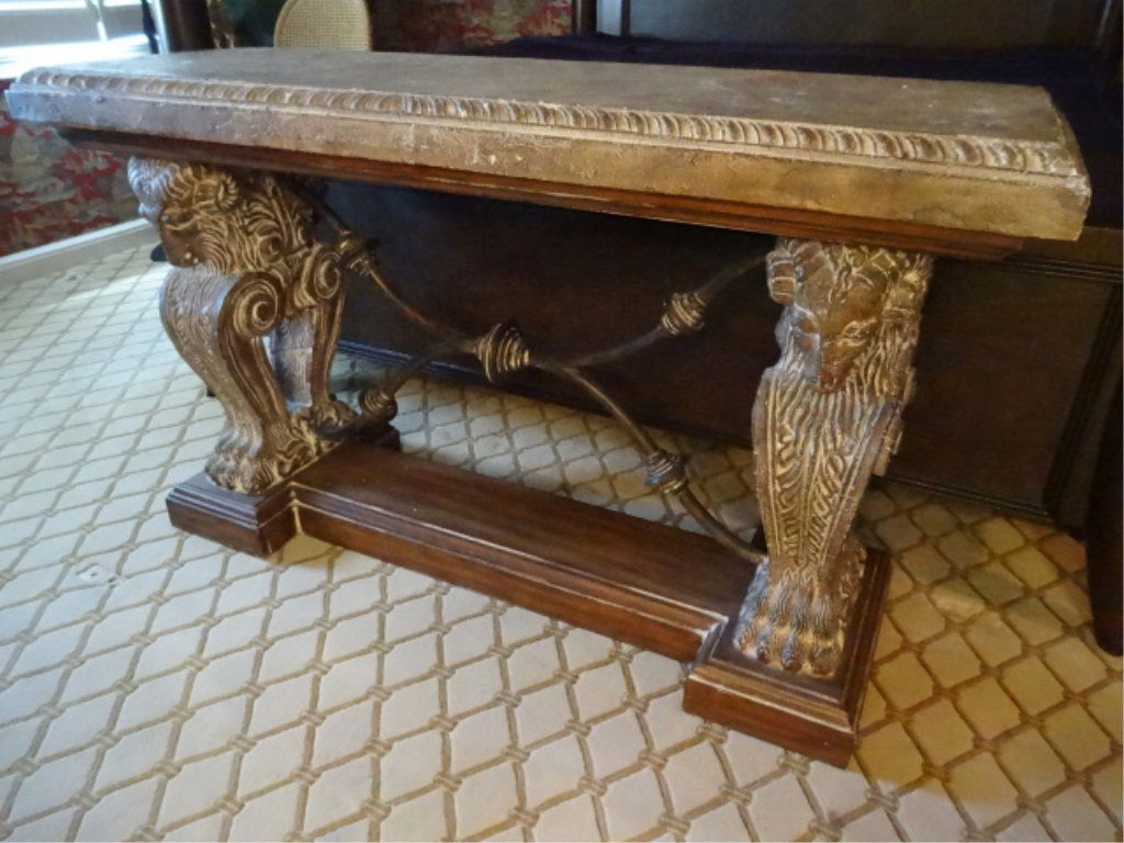 LION BASE CONSOLE TABLE, METAL, WOOD, AND COMPOSITE, (1 of 7)