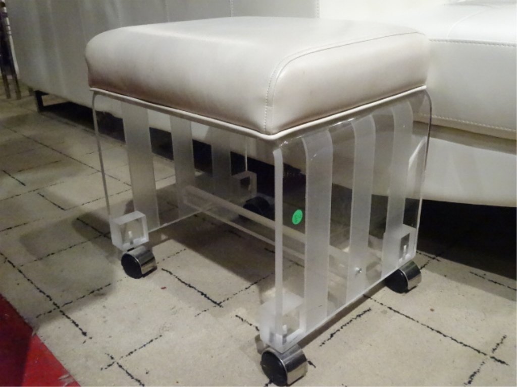 LUCITE VANITY STOOL ON CASTERS, WHITE VINYL SEAT (1 of 3)