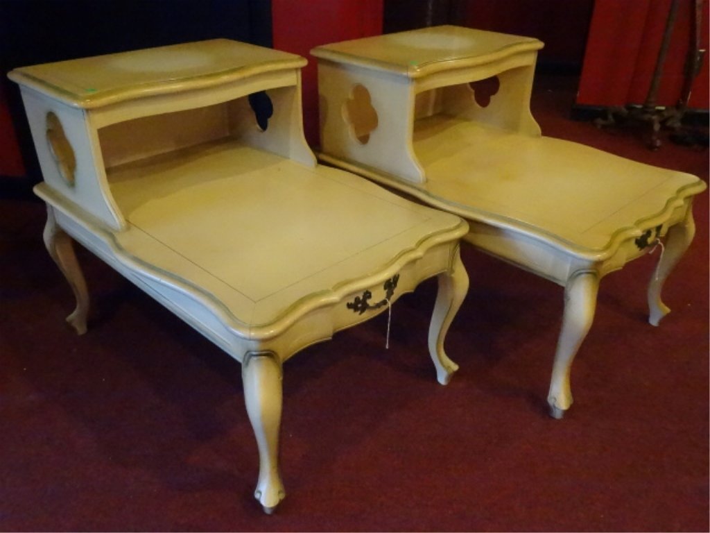 PAIR FRENCH STYLE 2 TIER TABLES, BRASS PULLS, IVORY (1 of 6)