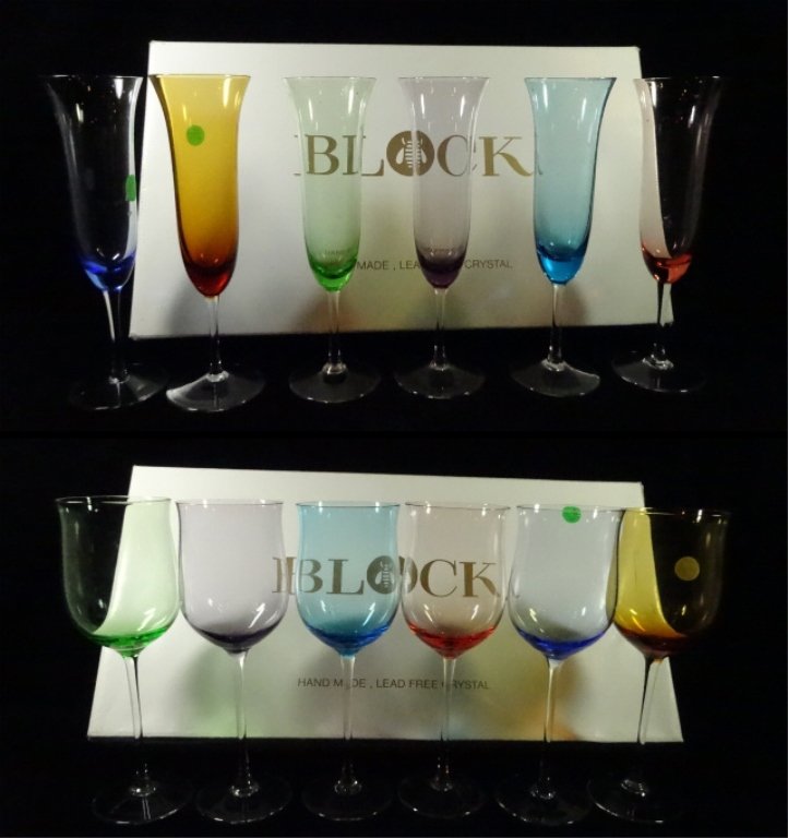 12 PC BLOCK CRYSTAL COLORFUL STEMWARE, INCLUDES 6: 12 PC BLOCK CRYSTAL COLORFUL STEMWARE, INCLUDES 6 CHAMPAGNE FLUTES AND 6 LARGE WINE GLASSES, CHAMPAGNE FLUTES APPROX 9"H, 2 BOXES INCLUDED