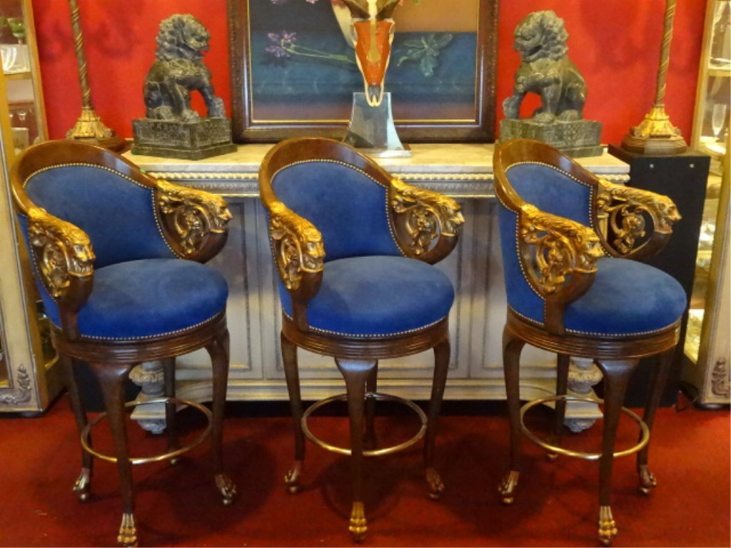 3 LION ARM SWIVEL BARSTOOLS, GOLD FINISH CARVED LION HE (1 of 10)