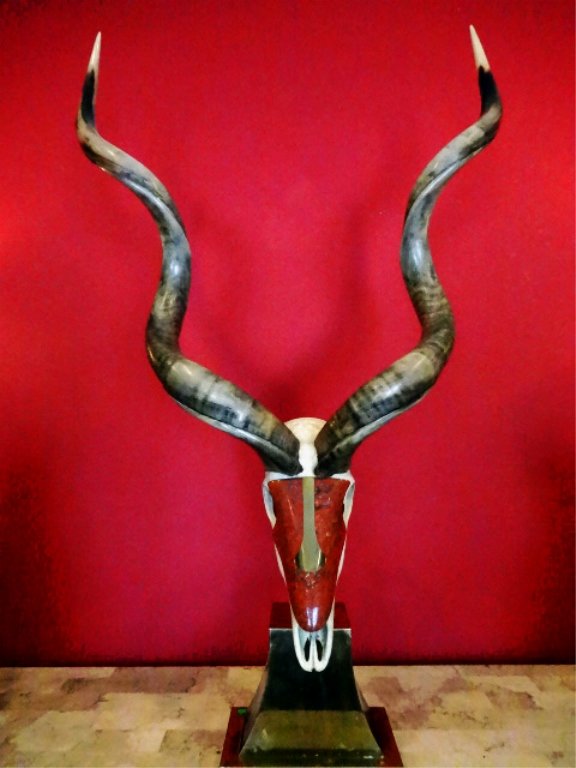 LARGE KUDU ANTELOPE SKULL SCULPTURE WITH CERAMIC MASK, (1 of 7)