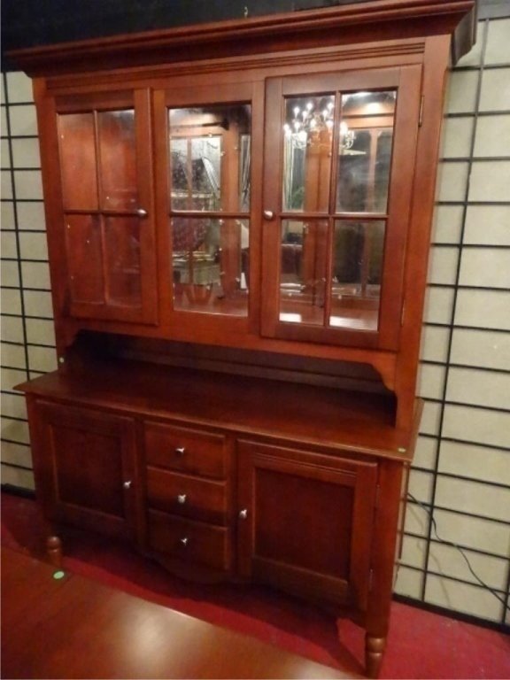 LIGHTED WOOD BREAKFRONT, HUTCH TOP WITH 3 GLAZED DOORS,: LIGHTED WOOD BREAKFRONT, HUTCH TOP WITH 3 GLAZED DOORS, LOWER CABINET WITH 3 DRAWERS FLANKED BY TWIN CABINETS, MIRRORED BACK, NICKEL FINISH PULLS, EXCELLENT GENTLY USED CONDITION, APPROX 7.5'H X 6'W, 