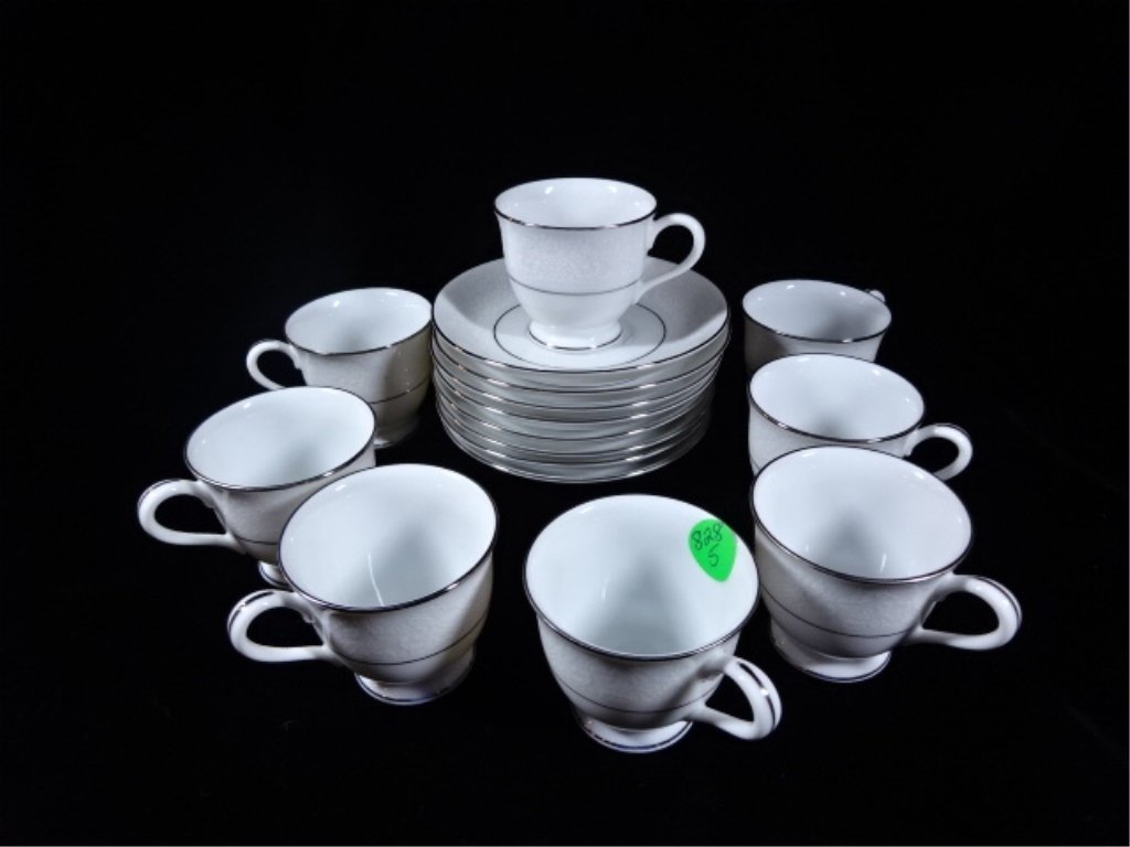 16 PC NORITAKE DEMITASSE CUPS AND SAUCERS, PLATINUM AND: 16 PC NORITAKE DEMITASSE CUPS AND SAUCERS, PLATINUM AND WHITE, MARKED, EXCELLENT CONDITION, 3" X 4.5", SKU828.05