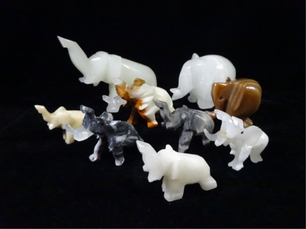 9 PC CARVED STONE ELEPHANT FIGURINES, LARGEST APPROX (1 of 9)