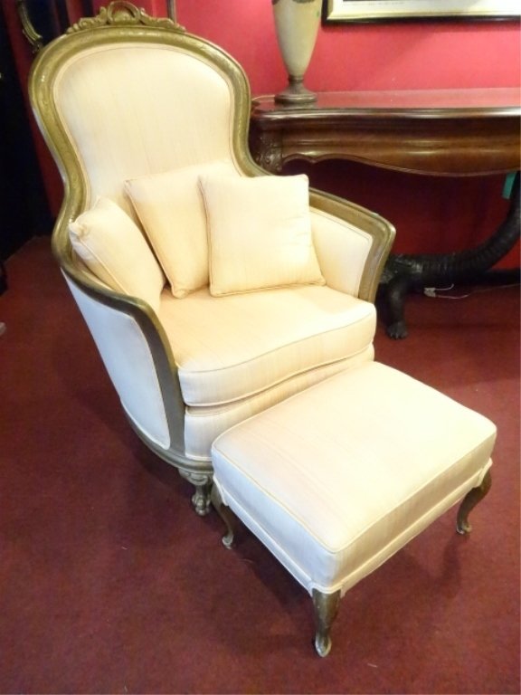 2 PC GILT WOOD ARMCHAIR AND OTTOMAN, BLUSH UPHOLSTERY, (1 of 6)
