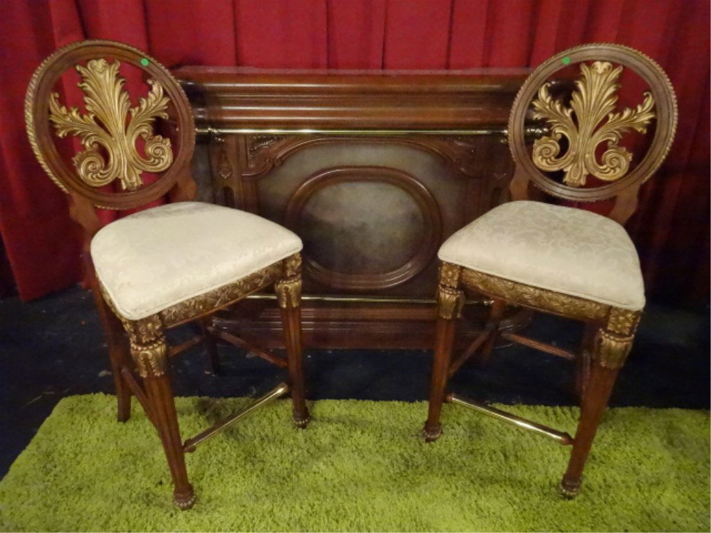 3 PC EDWARDIAN STYLE BAR WITH 2 GILT WOOD BARSTOOLS, (1 of 7)