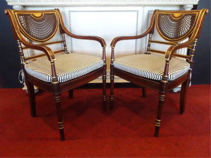 PAIR THOMAS SHERATON STYLE GILT WOOD ARMCHAIRS CANE: PAIR THOMAS SHERATON STYLE GILT WOOD ARMCHAIRS CANE BACKS, EXCELLENT GENTLY USED CONDITION, SKU837.11