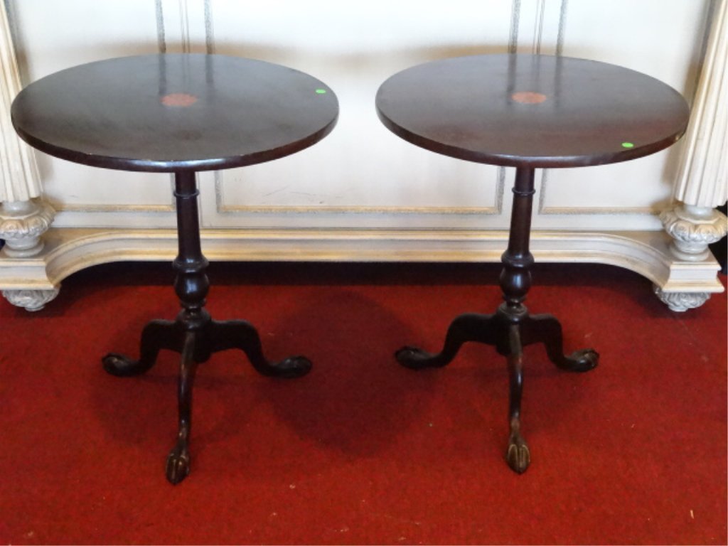 PAIR MAHOGANY FLIP TOP PEDESTAL TABLES, CLAW FEET, (1 of 9)
