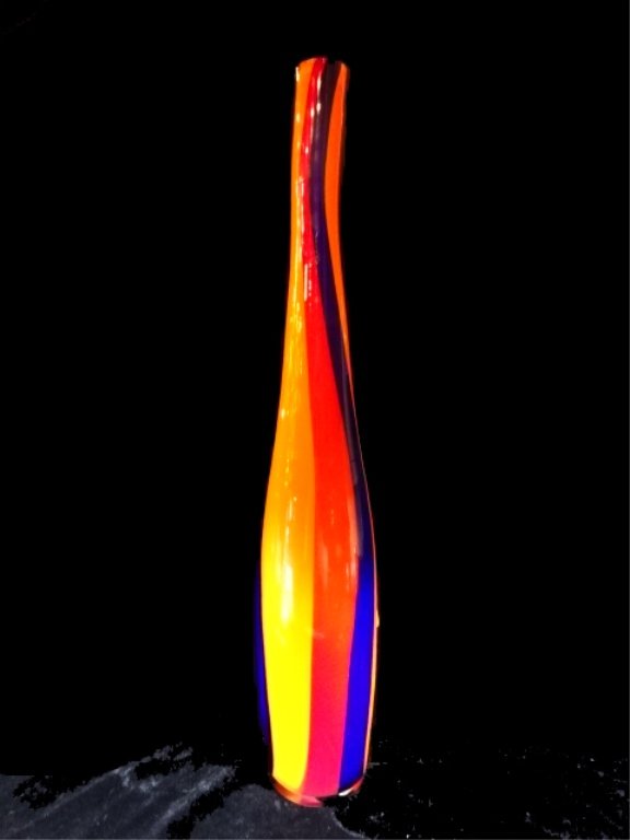 TALL MURANO STYLE ART GLASS VASE, MULTI COLOR STRIPES, (1 of 4)