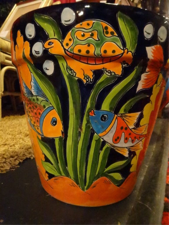 PAINTED POTTERY PLANTER, AQUARIUM OR REEF SCENE WITH (1 of 4)