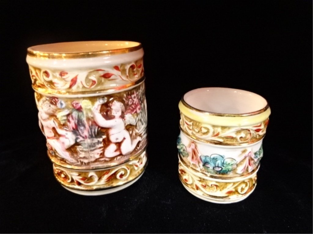 2 PC R. CAPODIMONTE PORCELAIN CUPS, MARKED, 4" X 3" AND (1 of 6)