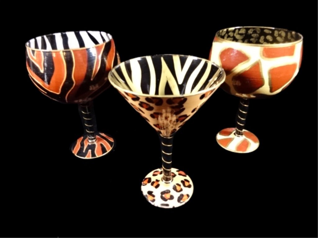 3 ANIMAL PRINT GLASSES, 2 WINE, 1 MARTINI, MARKED CA ON: 3 ANIMAL PRINT GLASSES, 2 WINE, 1 MARTINI, MARKED CA ON BASE, 8" X 5", SKU840.57