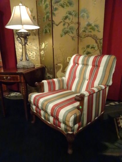 MOIRE STRIPE UPHOLSTERED ARMCHAIR, DARK FINISH FRAME, (1 of 8)