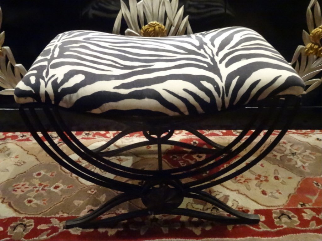 METAL BENCH WITH ZEBRA PRINT UPHOLSTERY, METAL FRAME IS (1 of 5)