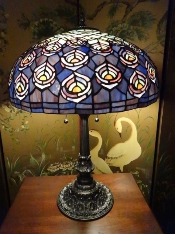 TIFFANY STYLE STAINED LEADED GLASS LAMP, PEACOCK (1 of 8)