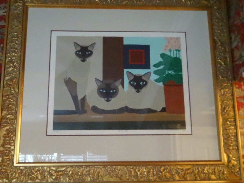 SHIGEO OKUMURA LITHOGRAPH, 3 SIAMESE CATS, SIGNED (1 of 10)