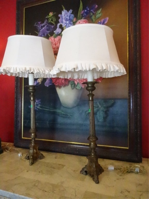 PAIR VINTAGE ORNATE METAL LAMPS, FIGURAL BASES, SHADES: PAIR VINTAGE ORNATE METAL LAMPS, FIGURAL BASES, SHADES WITH PLEATED FRINGE, EXCELLENT VINTAGE CONDITION, CURRENT SHADE HARPS ARE SLIGHTLY DIFFERENT SIZES, APPROX 30"H, SKU837.09