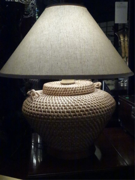 LARGE RATTAN LAMP, BASKET FORM BASE, VERY GOOD (1 of 5)
