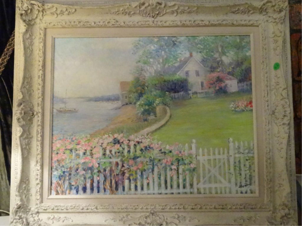 HUNT SIGNED PAINTING ON CANVAS, LAKESIDE HOUSE WITH (1 of 6)