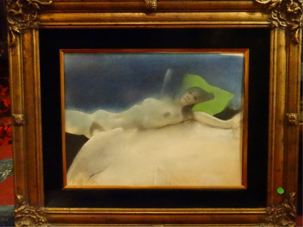 LARGE PRINT, RECLINING FEMALE NUDE, IN ORNATE GOLD: LARGE PRINT, RECLINING FEMALE NUDE, IN ORNATE GOLD FRAME, GOOD CONDITION WITH MINOR WRINKLES TO PAPER, FRAMED SIZE 36" X 30", SKU848.26
