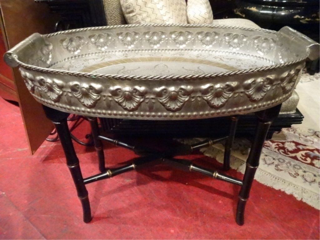 EMBOSSED METAL TRAY TABLE, BLACK AND GOLD FAUX BAMBOO (1 of 6)