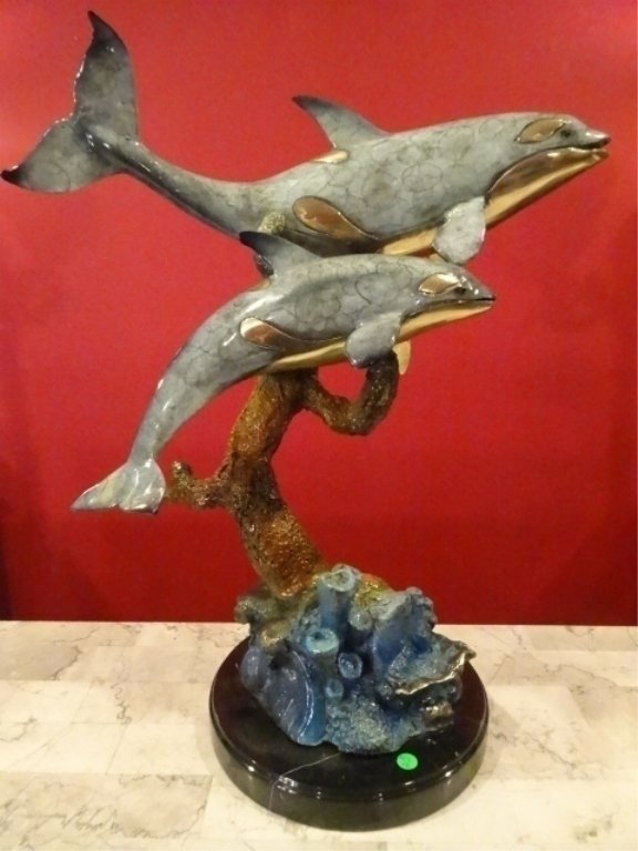LARGE PATINATED BRONZE ORCA SCULPTURE, TWO ORCAS ON (1 of 10)