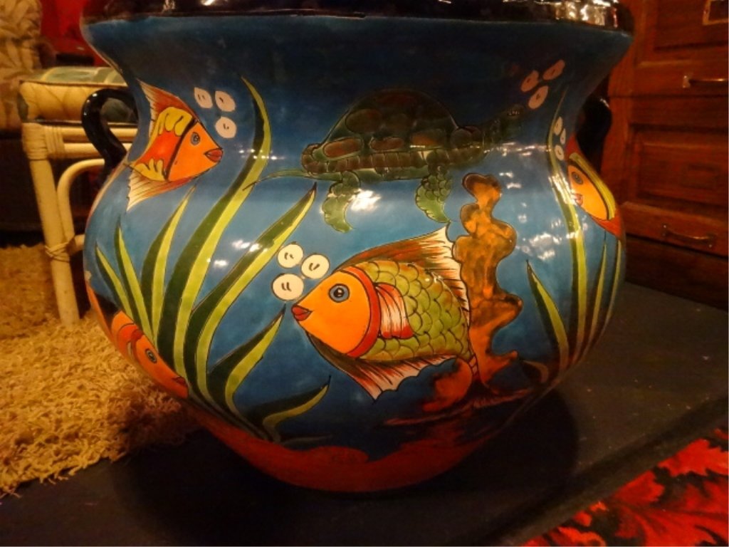 LARGE PAINTED POTTERY PLANTER, AQUARIUM OR REEF SCENE (1 of 6)