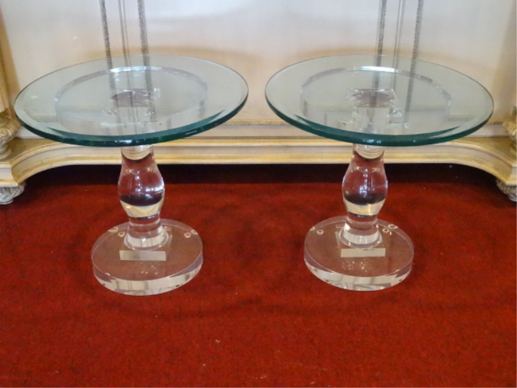 PAIR BALUSTER FORM LUCITE TABLES, GLASS TOPS, EXCELLENT (1 of 7)