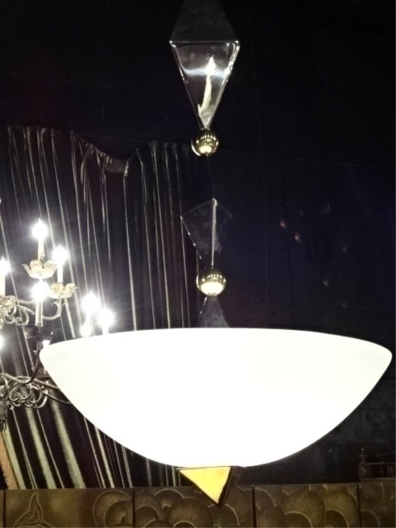1970's MODERN CHROME AND BRASS PENDANT LAMP, WITH WHITE (1 of 3)