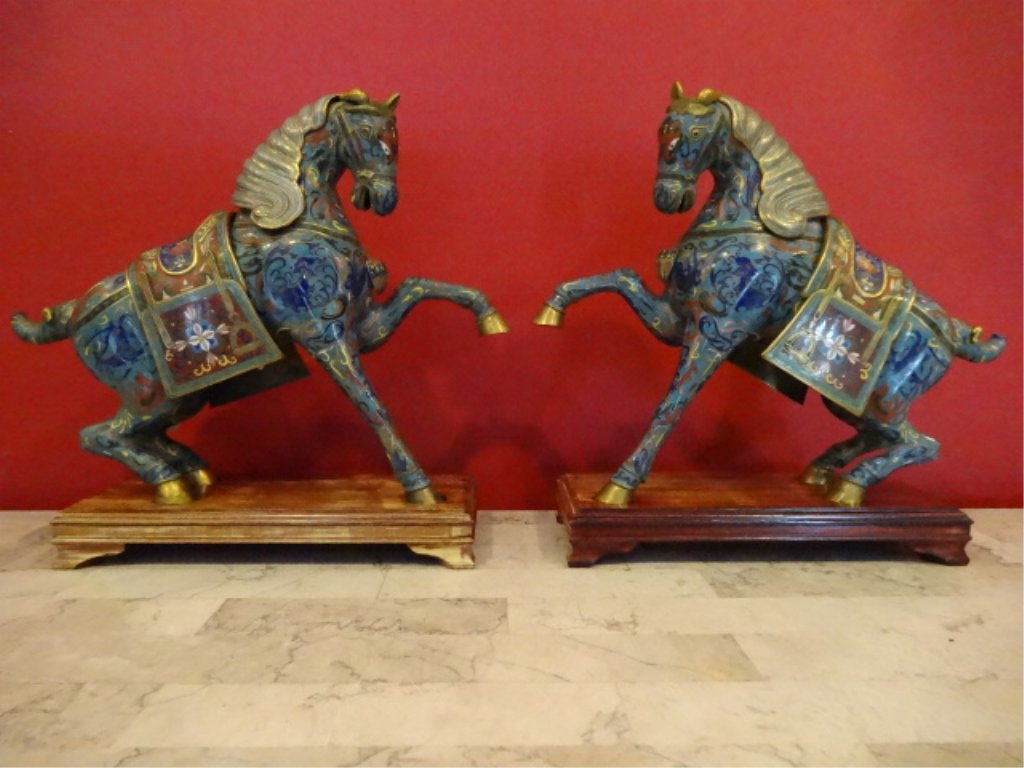 PAIR LARGE CHINESE CLOISONNE HORSE SCULPTURE, MIRROR (1 of 10)