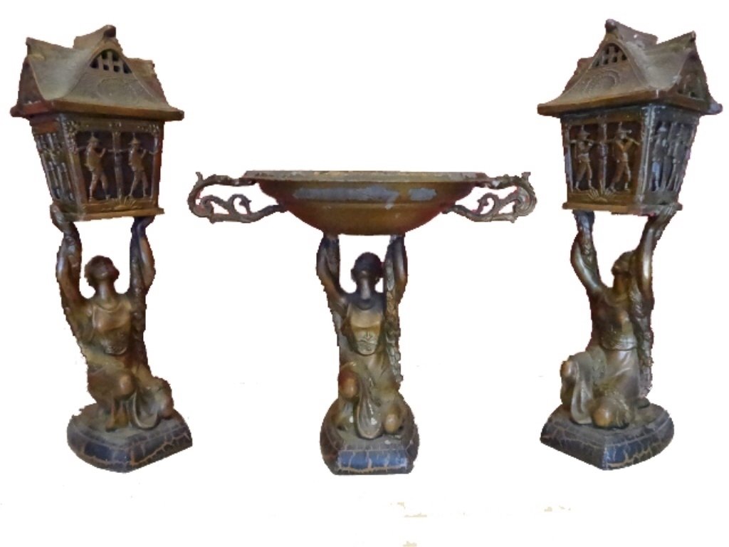 3 PC CIRCA 1927 METAL PEDESTAL BOWL AND 2 LAMPS, (1 of 10)