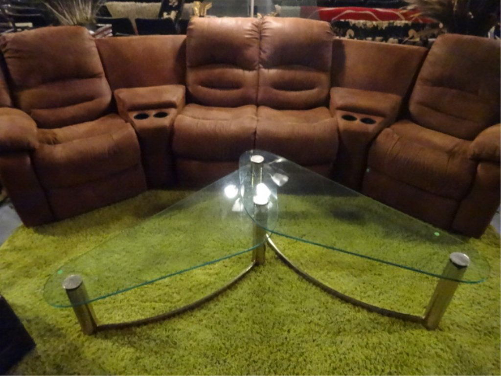 5 PC THEATER SEAT SECTIONAL, DUAL RECLINERS, CUP: 5 PC THEATER SEAT SECTIONAL, DUAL RECLINERS, CUP HOLDERS, STORAGE BINS, FAUX SUEDE UPHOLSTERY, VERY GOOD CONDITION,