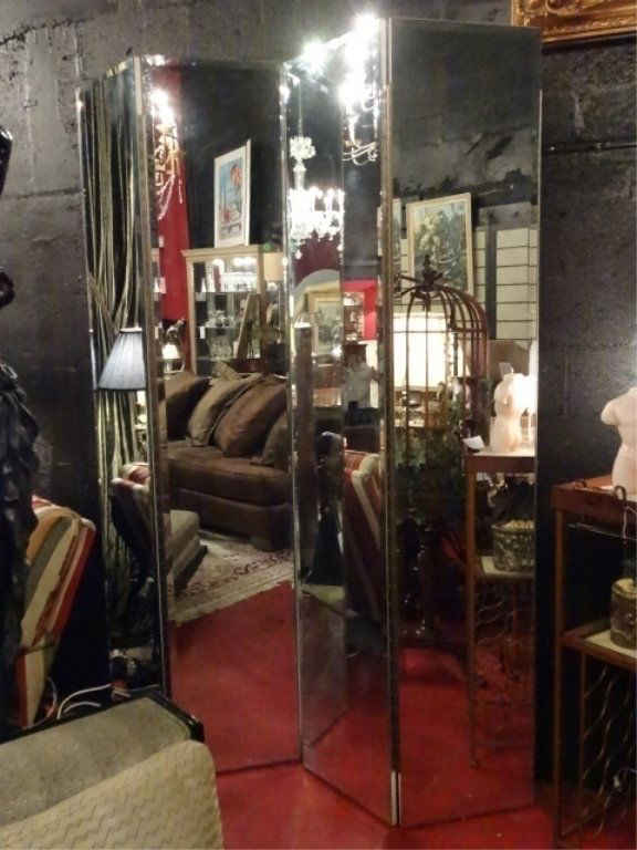 LARGE MODERN 4 PANEL MIRRORED FLOOR SCREEN, WHITE (1 of 3)