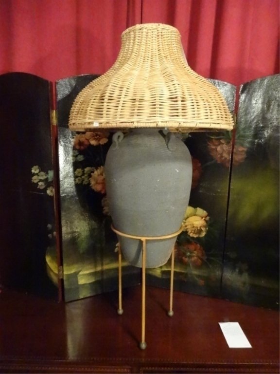 LARGE CERAMIC TABLE LAMP, WOVEN RATTAN SHADE, OPTIONAL (1 of 8)