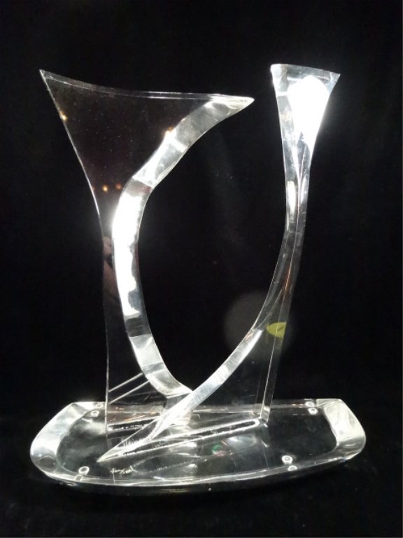 SIGNED VAN TEAL LUCITE SCULPTURE, CLEAR, CUT, BEVELED &: SIGNED VAN TEAL LUCITE SCULPTURE, CLEAR, CUT, BEVELED & CONJOINED, APPROX 14.5" X 12" X 5.5"