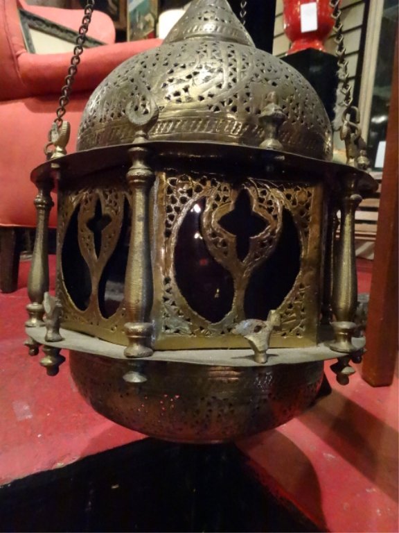 MOROCCAN BRASS HANGING ELECTRIC LAMP, RUBY GLASS INSET (1 of 5)