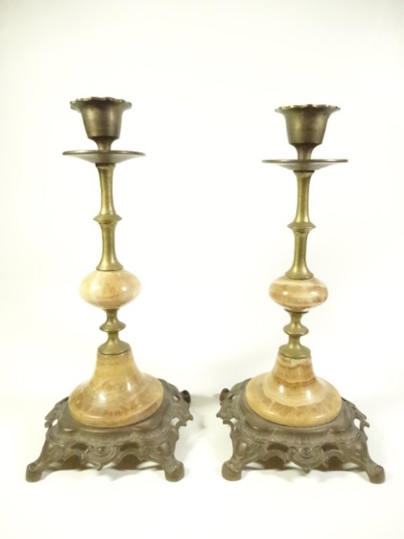PAIR ONYX & METAL CANDLE STICKS, APPROX 9.5"H (1 of 6)